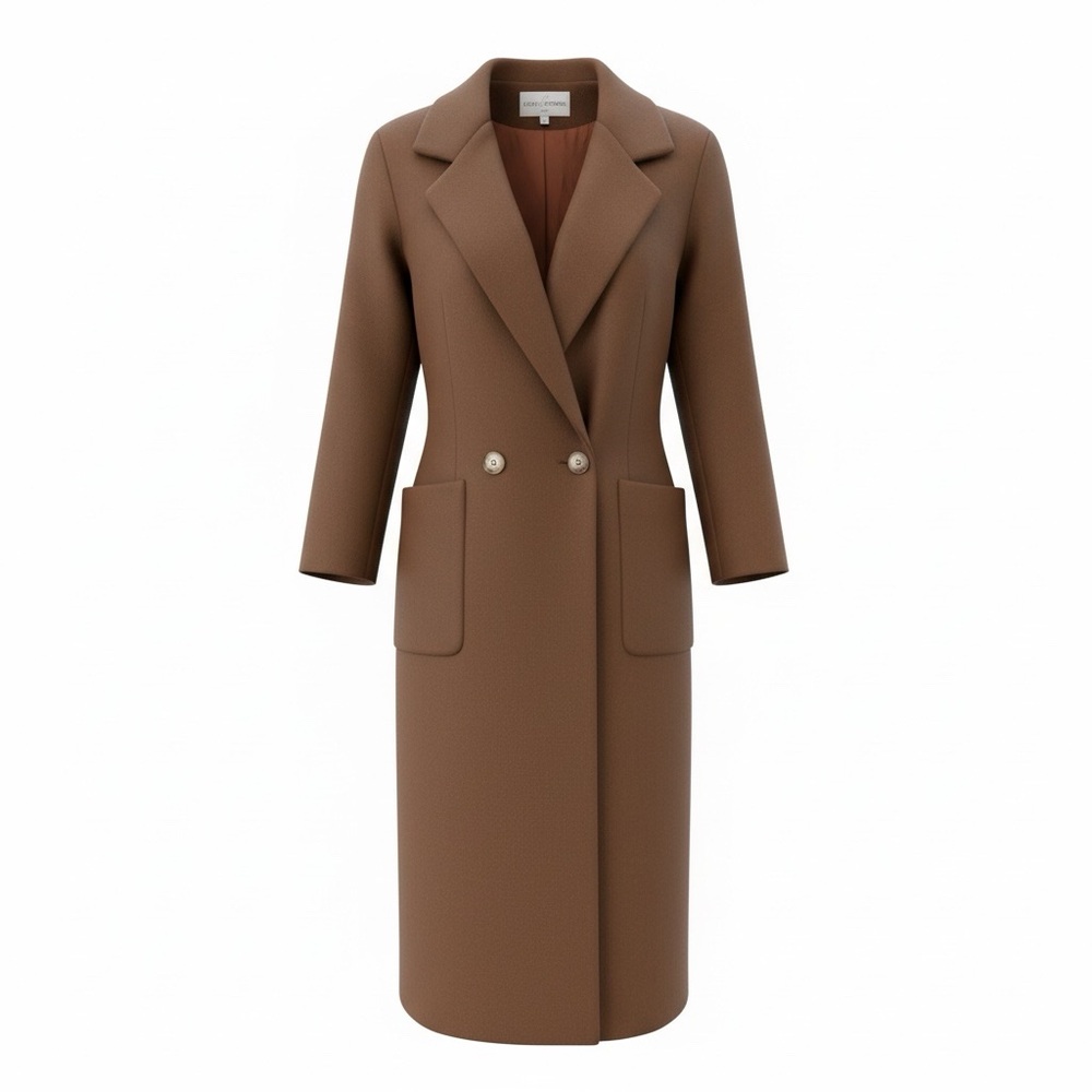 Sophisticated Brown Wool Double Breasted Long Overcoat with Black Velvet Collar